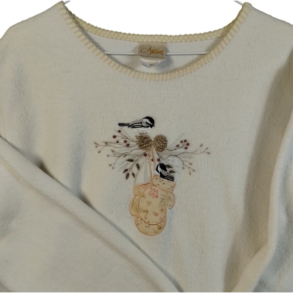Artisans Sweatshirt Women's XL White Fleece Embroider Snowman Holiday Pine Cones